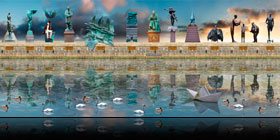 H. C. Andersens Skulpturer. Kollage med de kendte skulpturer fra digterens eventyr-univers. Skulpturer fra Odense, Faaborg, København og New York. 2006